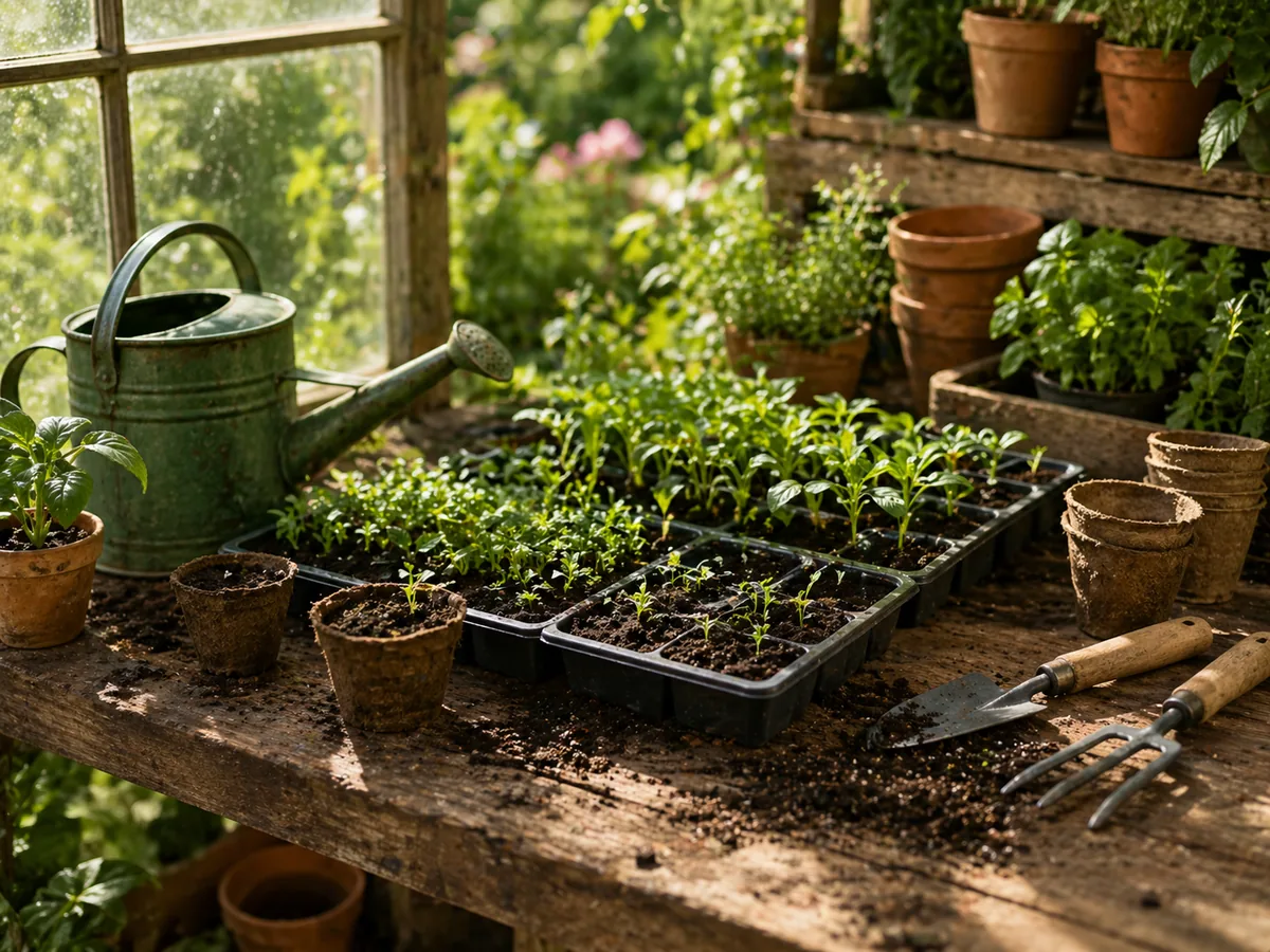Seedlings in starter trays on a garden bench