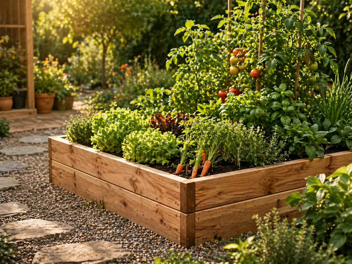 A productive raised garden bed filled with vegetables