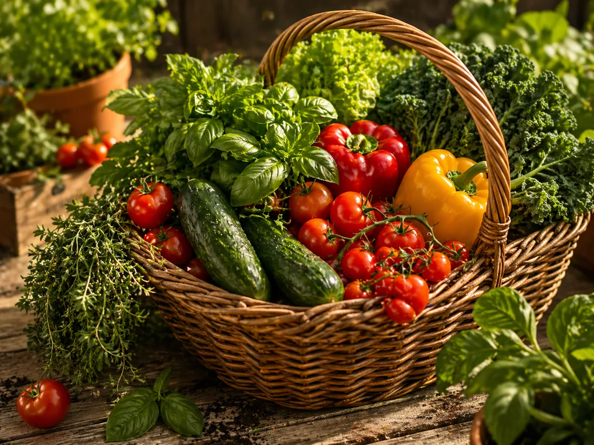 A basket of fresh garden vegetables