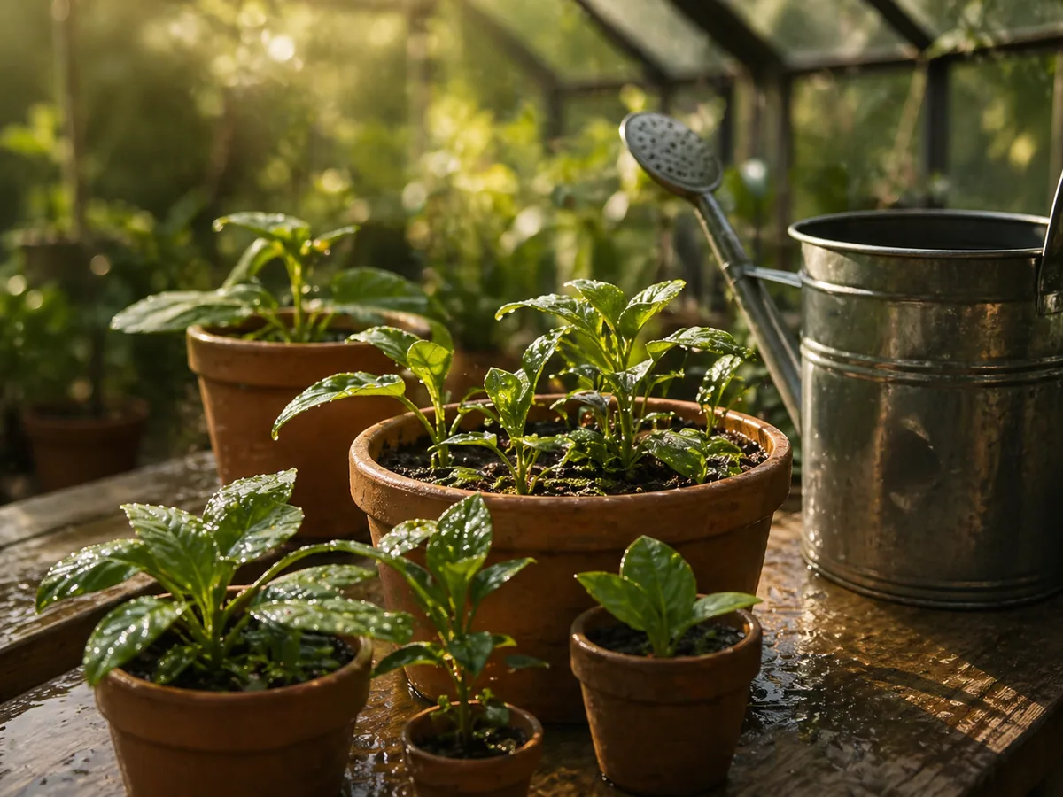 Watering can and plants inside a greenhouse
