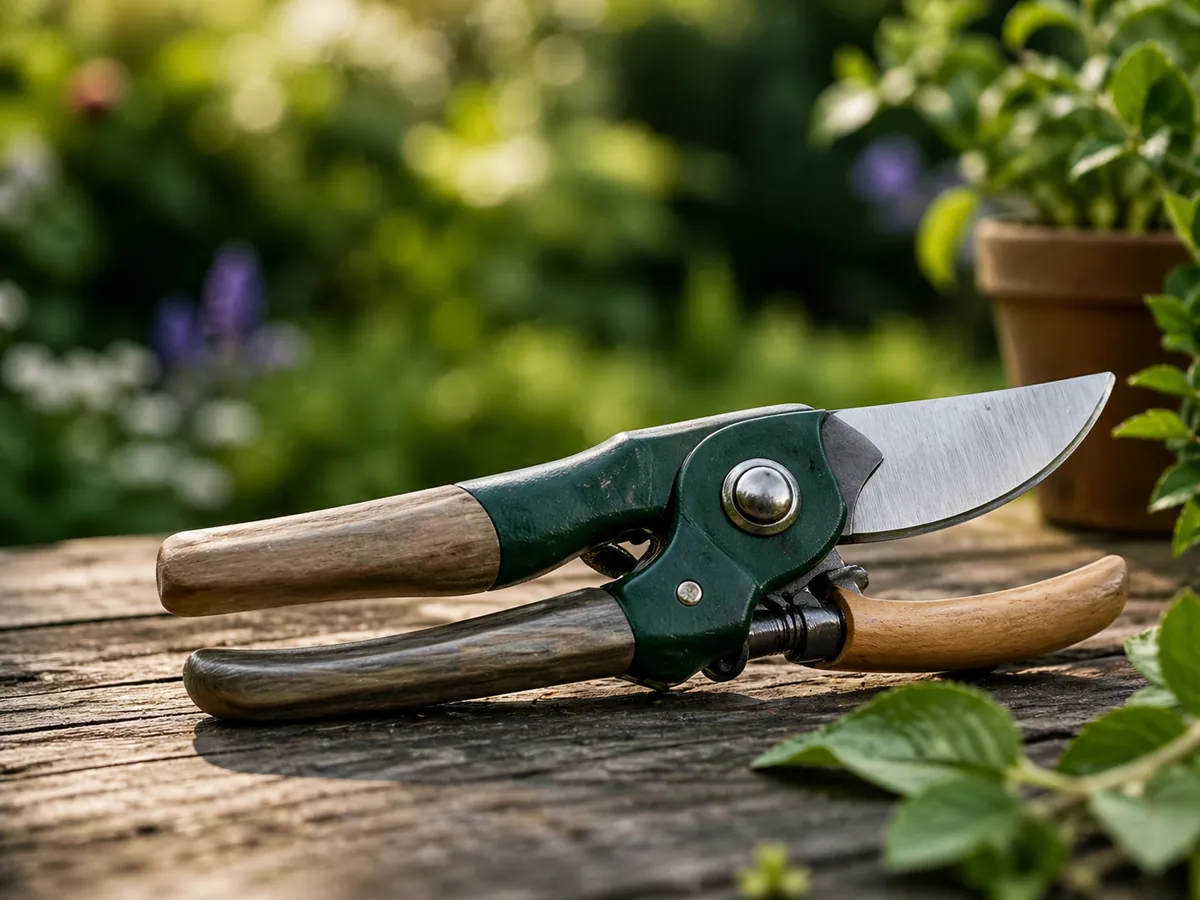 Pruning shears resting on a garden surface