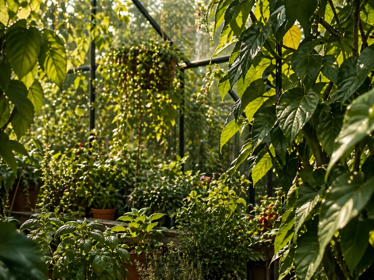 Vining greenhouse plants in warm light