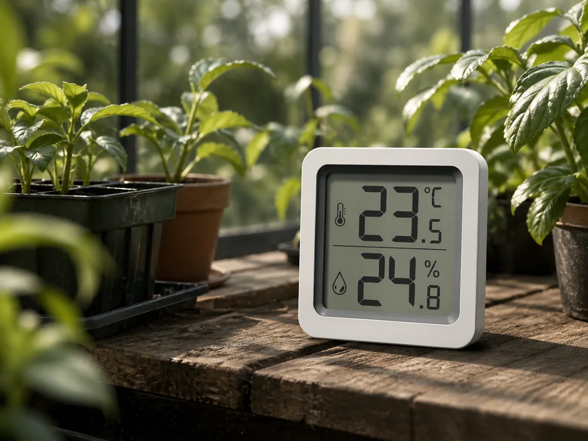 Digital hygrometer thermometer among greenhouse plants