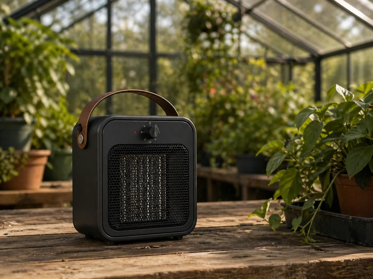 Portable greenhouse heater on a table