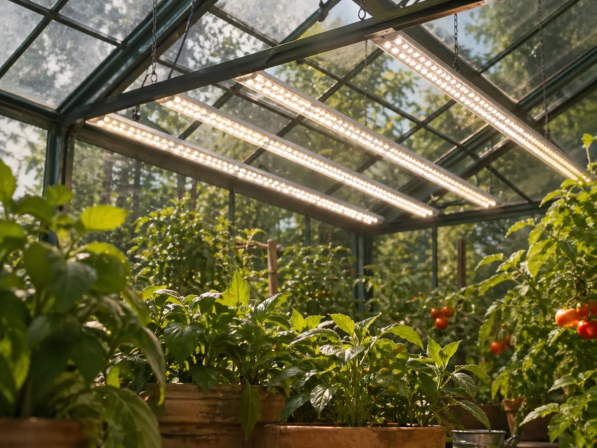 LED grow lights installed in a greenhouse